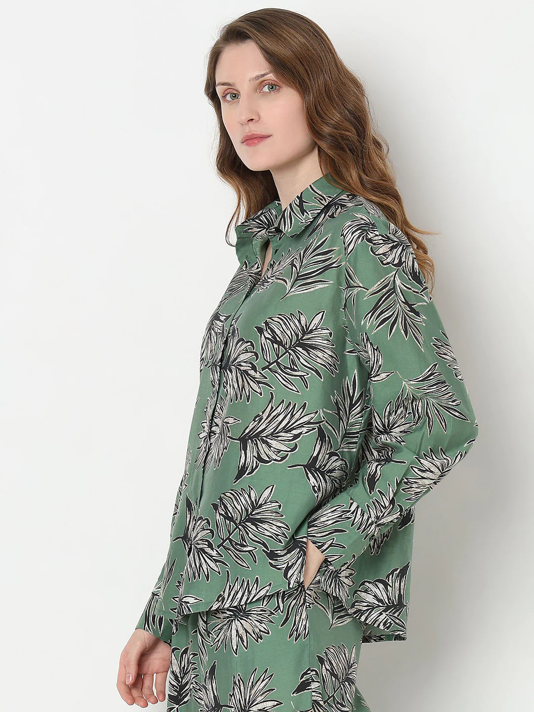 Green Leaf Print Co-Ord Set Shirt - Image 3