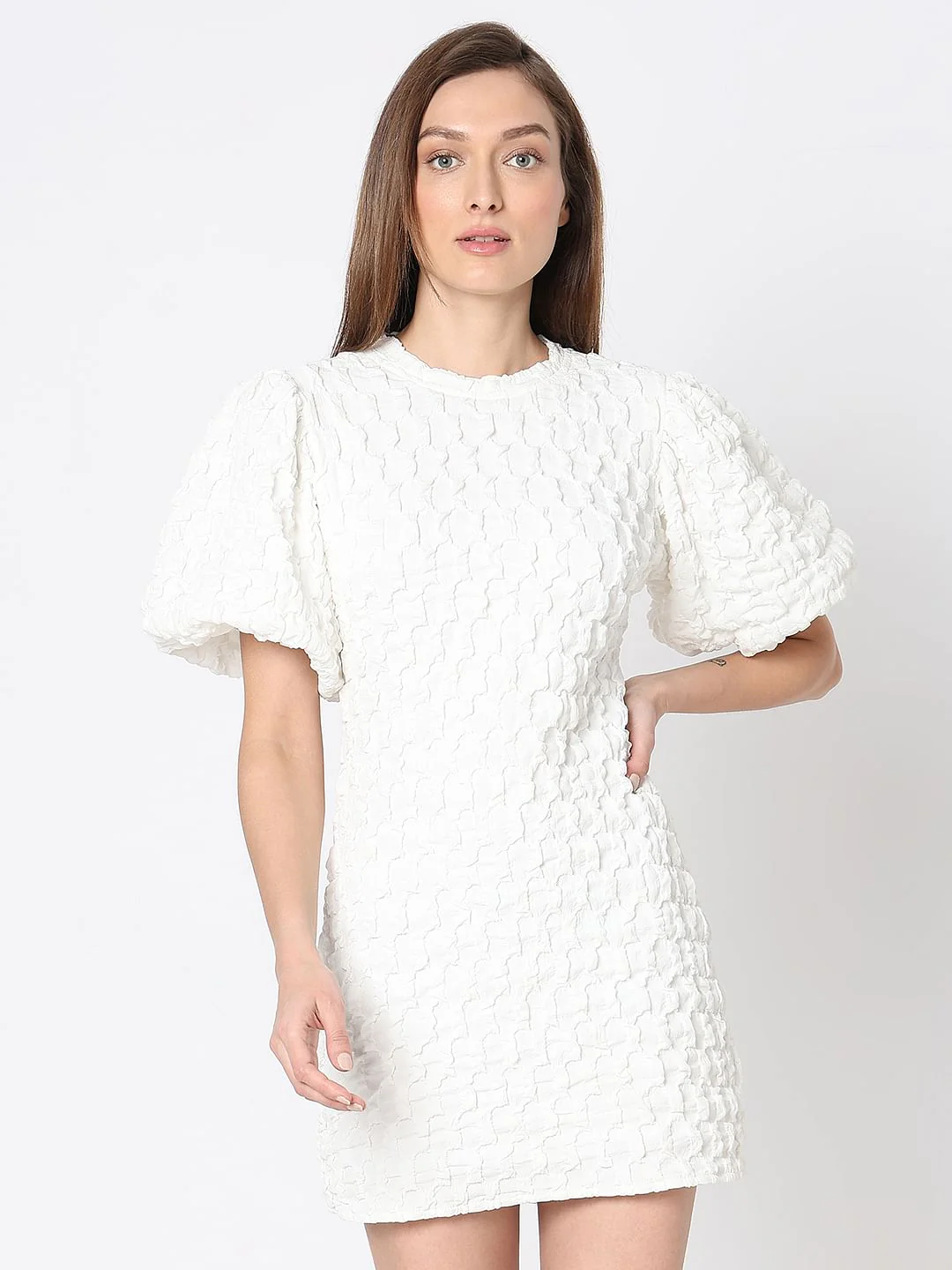 White Textured Mini Dress - Image 2