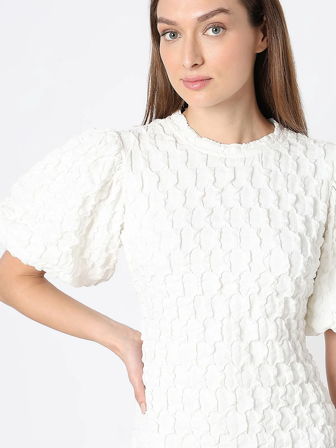 White Textured Mini Dress - Image 6