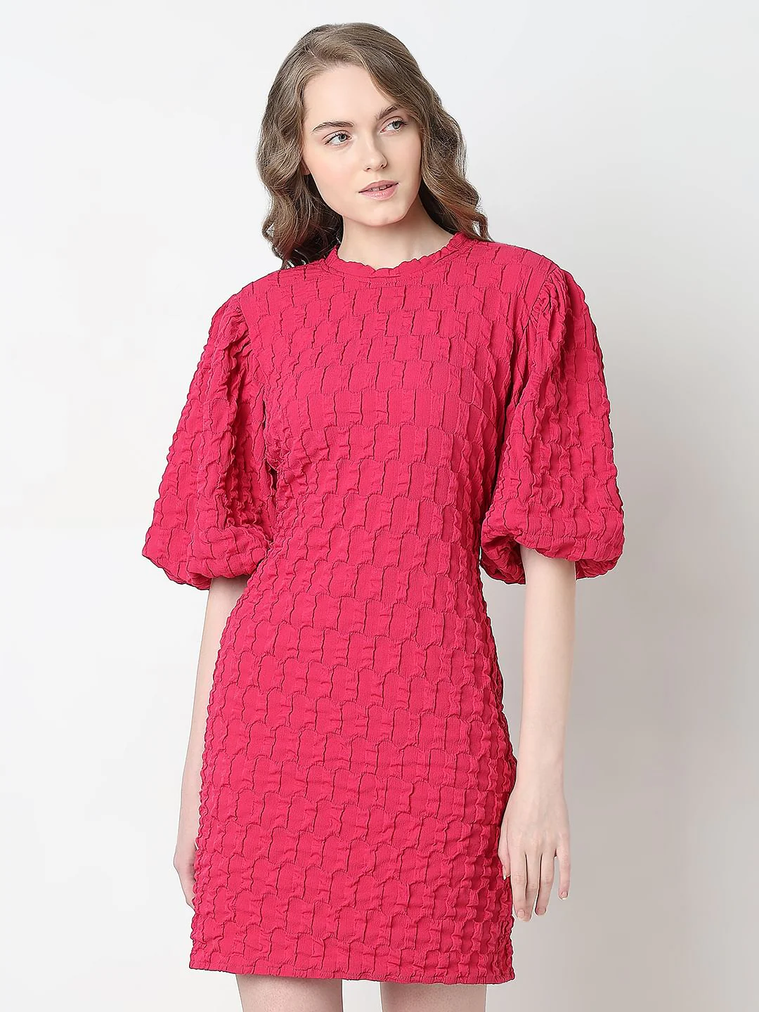 Pink Textured Puff Sleeves Dress - Image 2