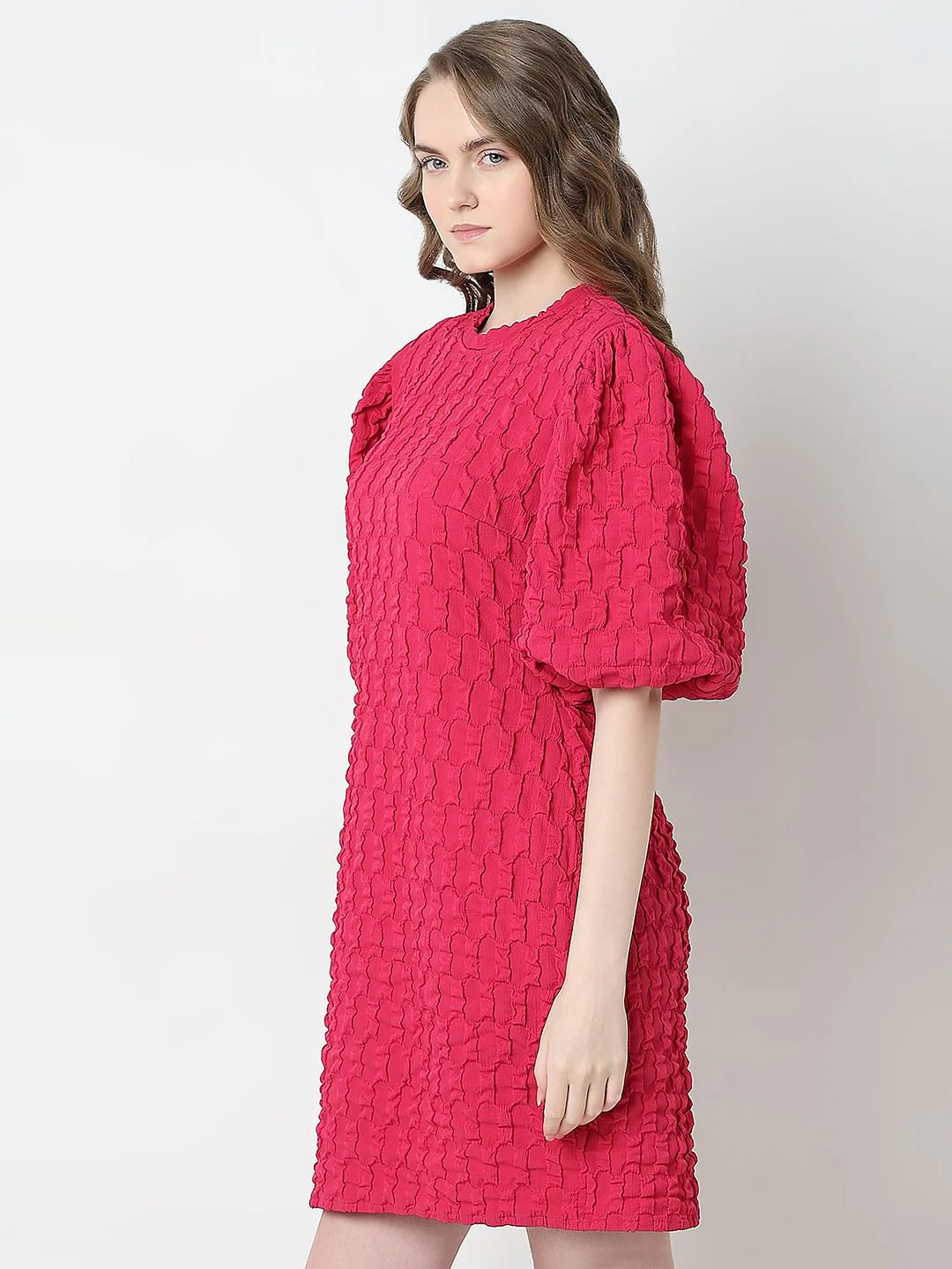 Pink Textured Puff Sleeves Dress - Image 3