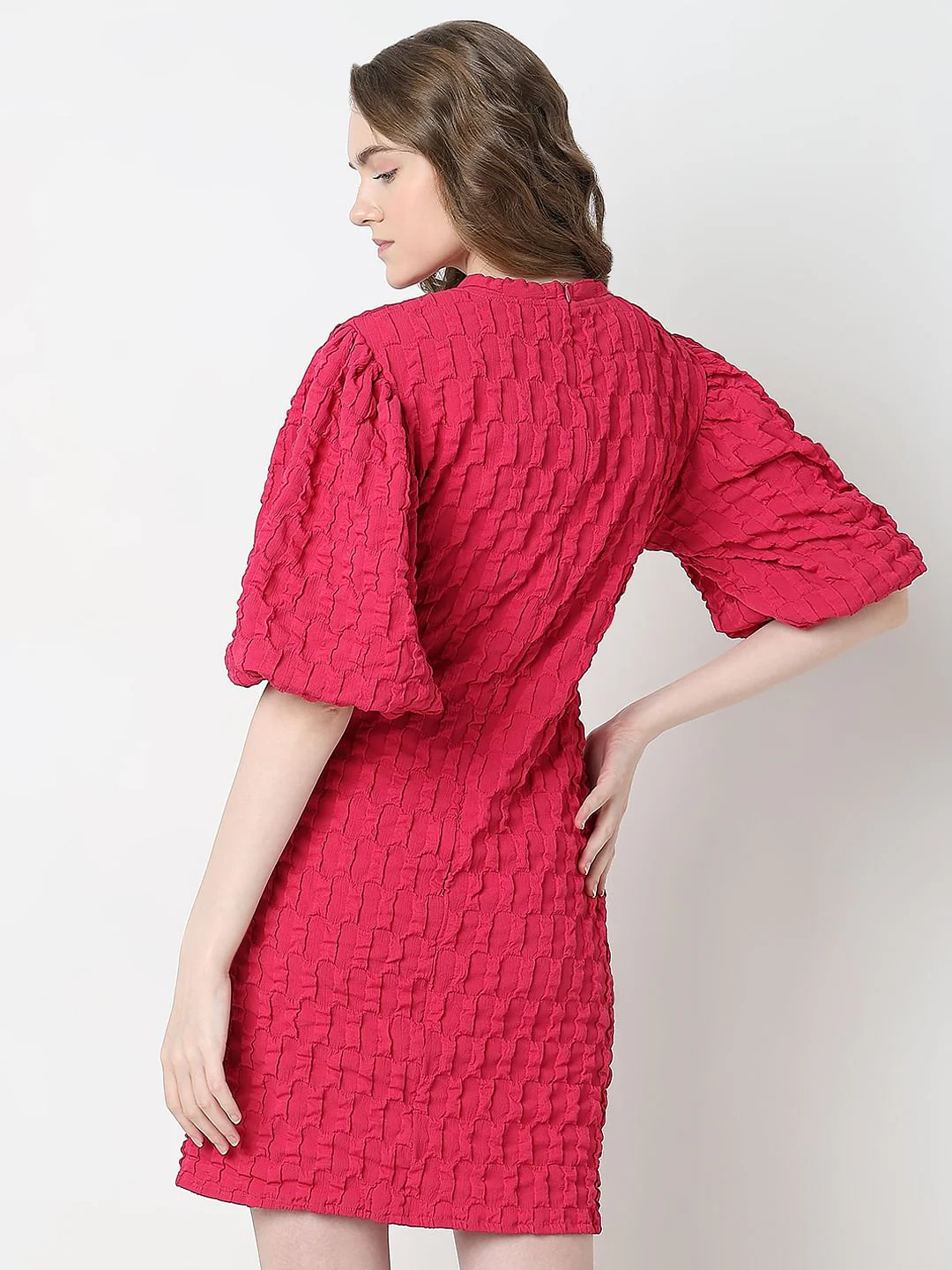 Pink Textured Puff Sleeves Dress - Image 4