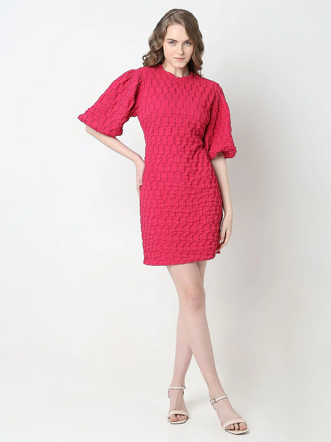 Pink Textured Puff Sleeves Dress - Image 5