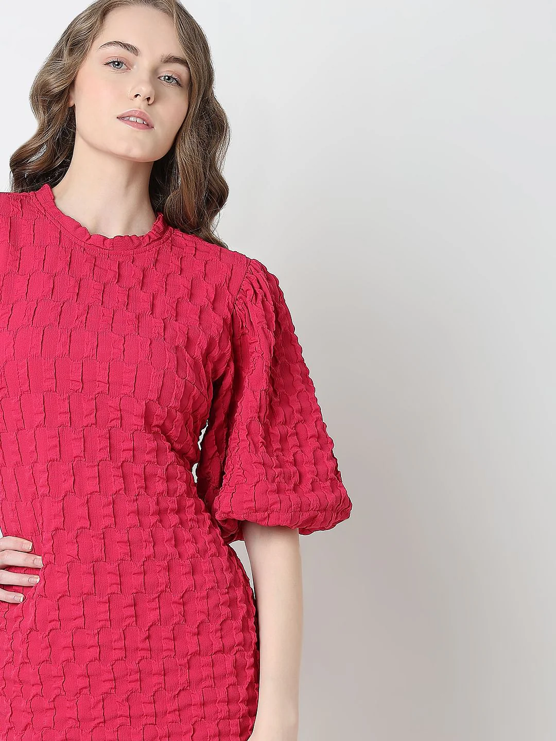Pink Textured Puff Sleeves Dress - Image 6