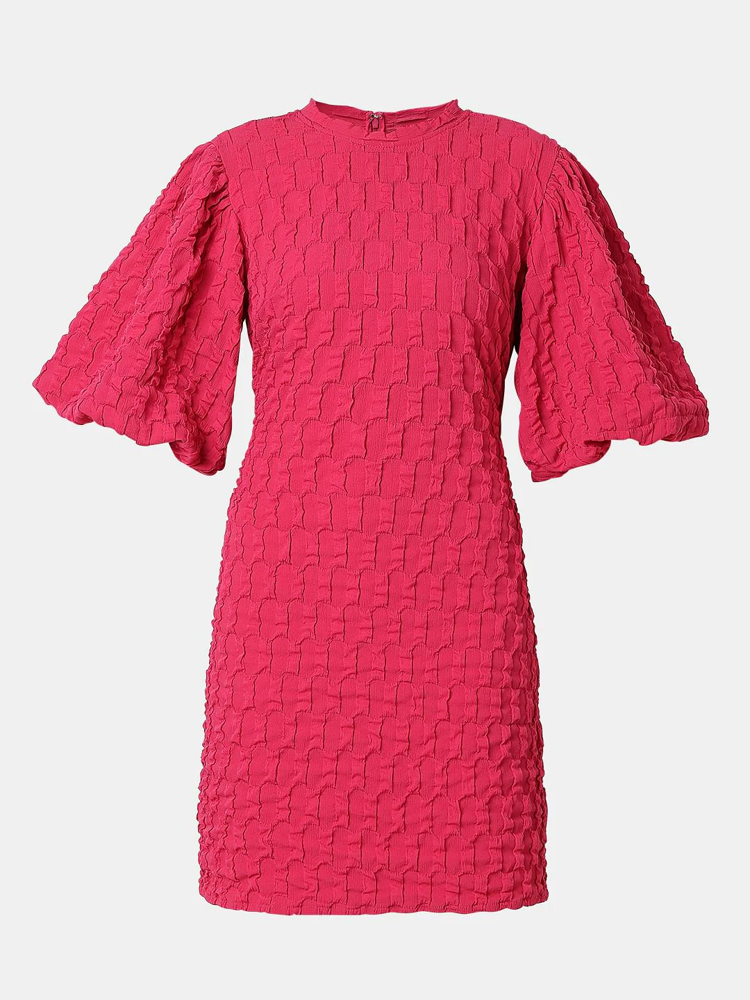 Pink Textured Puff Sleeves Dress - Image 7