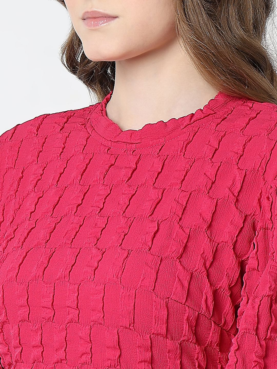 Pink Textured Puff Sleeves Dress - Image 8