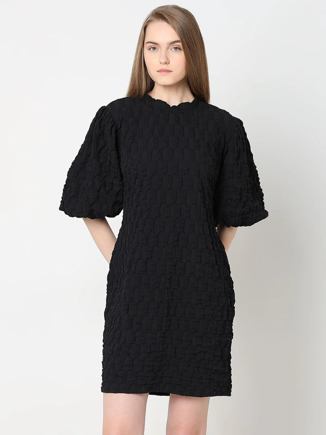 Black Textured Puff Sleeves Dress - Image 2
