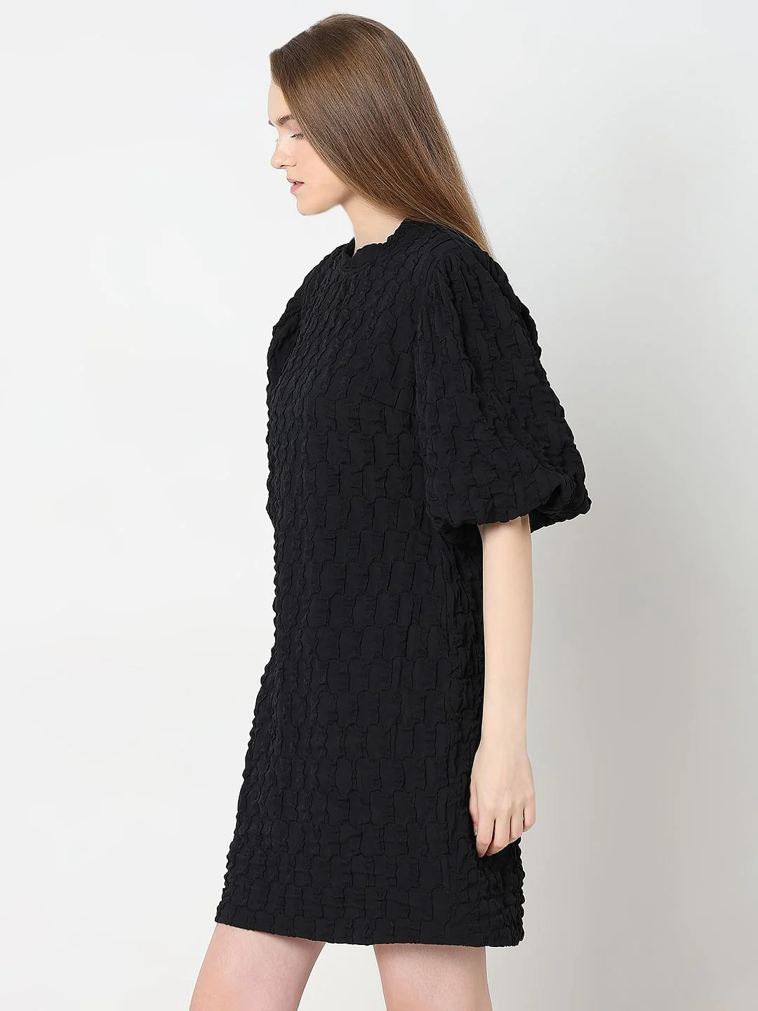 Black Textured Puff Sleeves Dress - Image 3