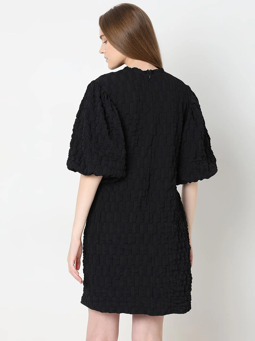Black Textured Puff Sleeves Dress - Image 4