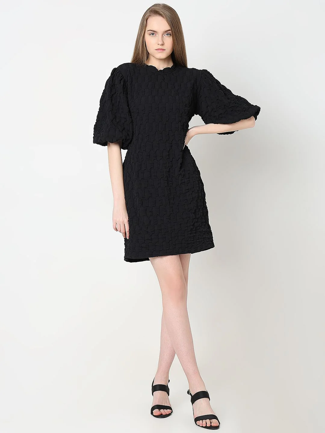 Black Textured Puff Sleeves Dress - Image 5