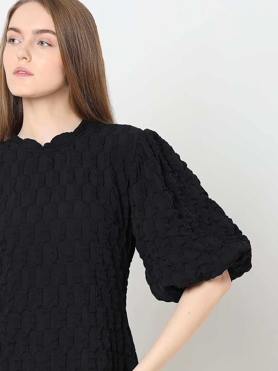 Black Textured Puff Sleeves Dress - Image 6