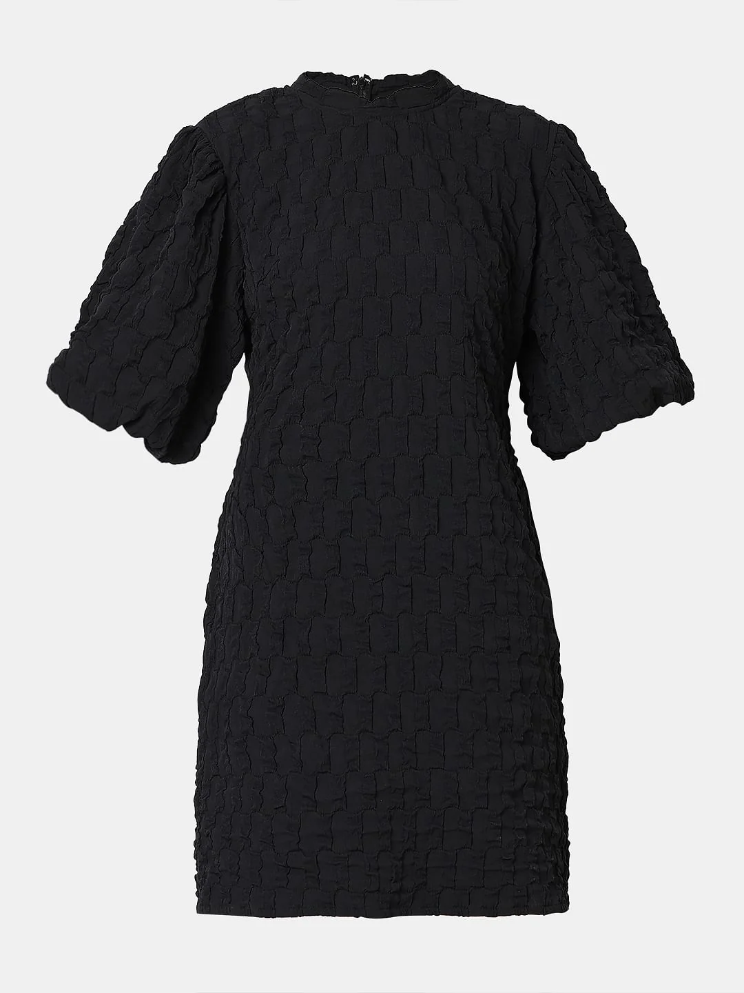 Black Textured Puff Sleeves Dress - Image 7
