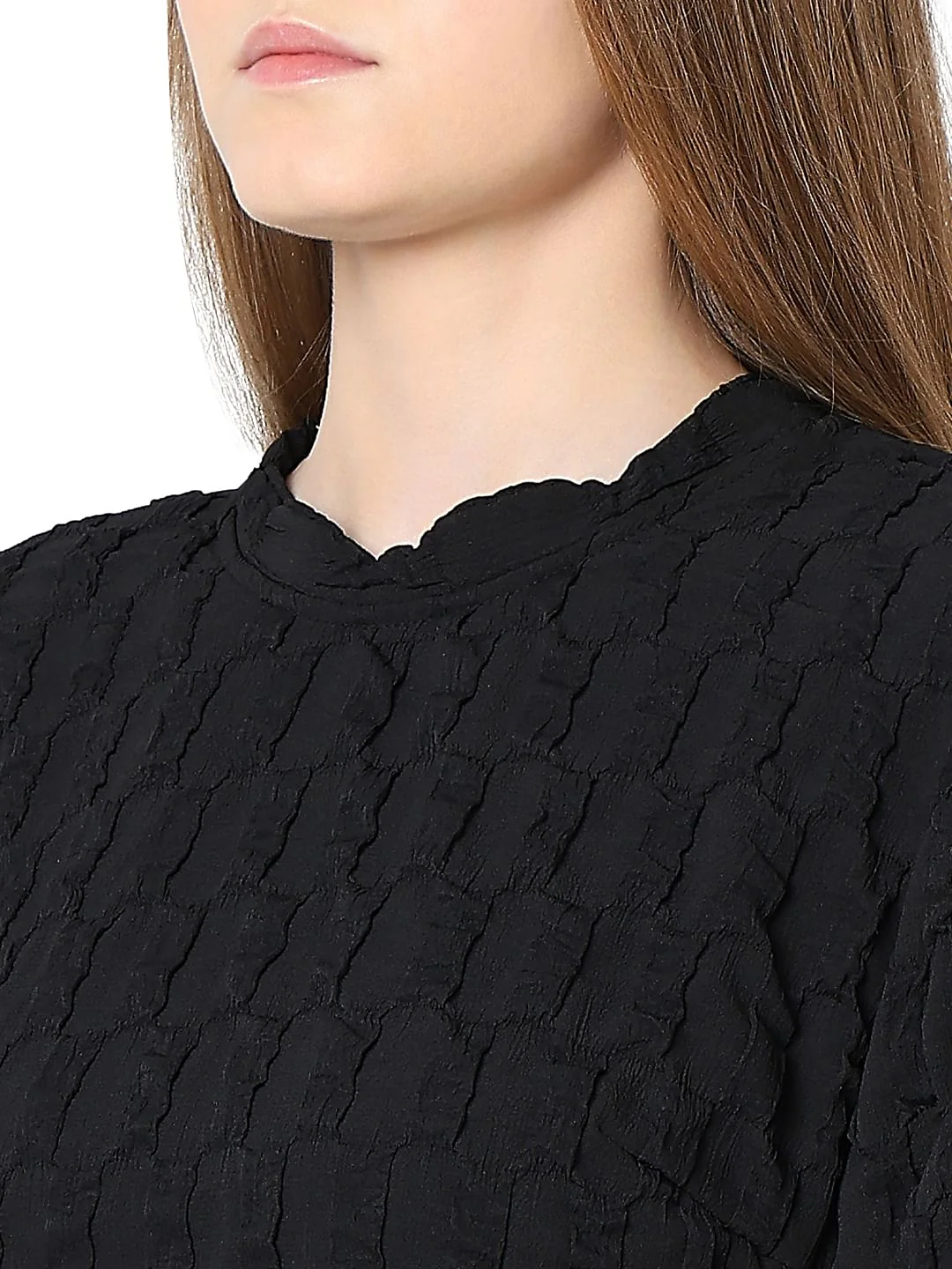 Black Textured Puff Sleeves Dress - Image 8
