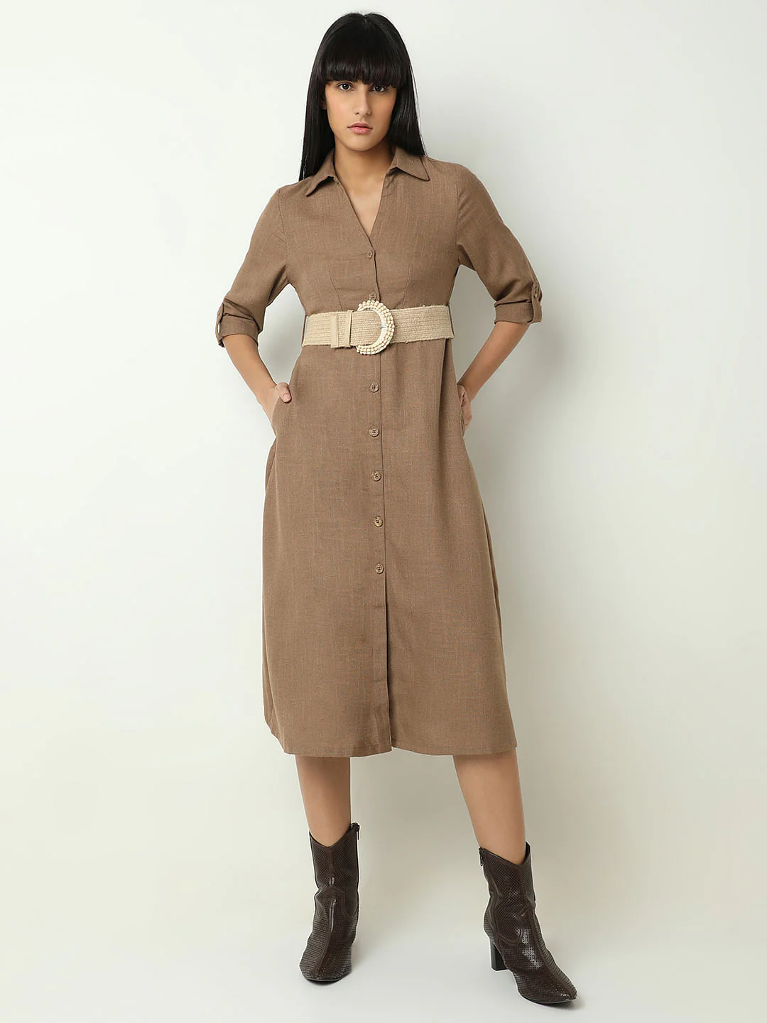 Brown Midi Shirt Dress - Image 2