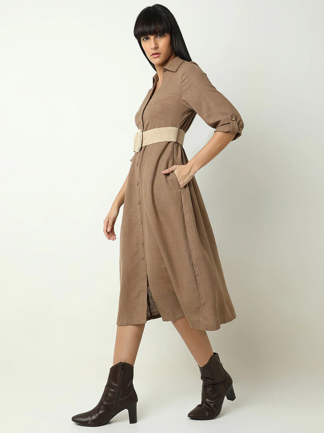 Brown Midi Shirt Dress - Image 3