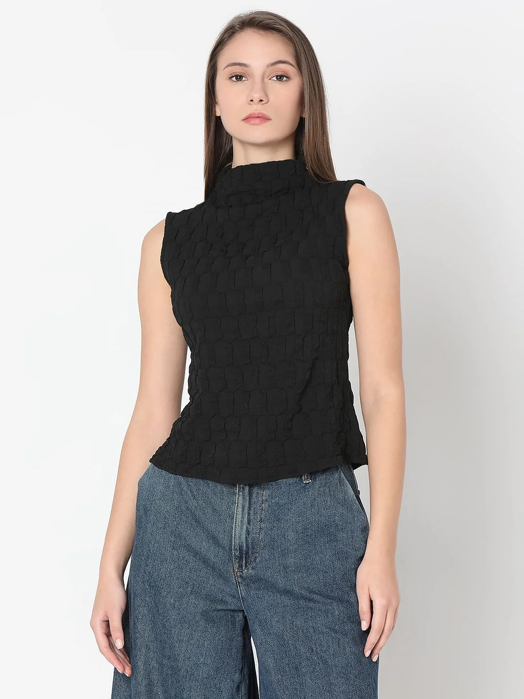 Black Textured High Neck Top - Image 2