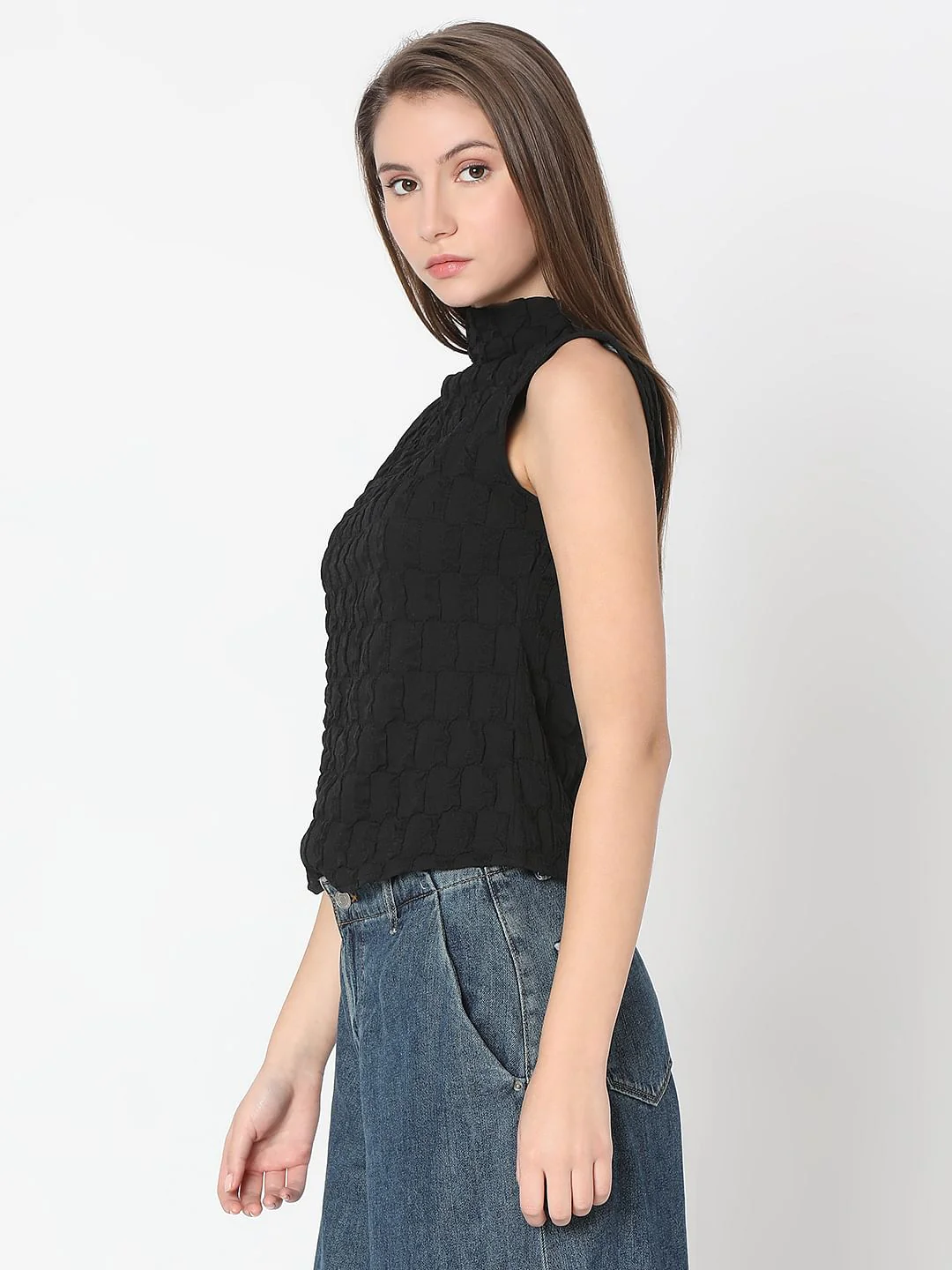 Black Textured High Neck Top - Image 3