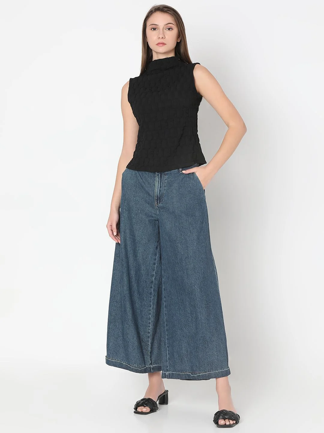 Black Textured High Neck Top - Image 5
