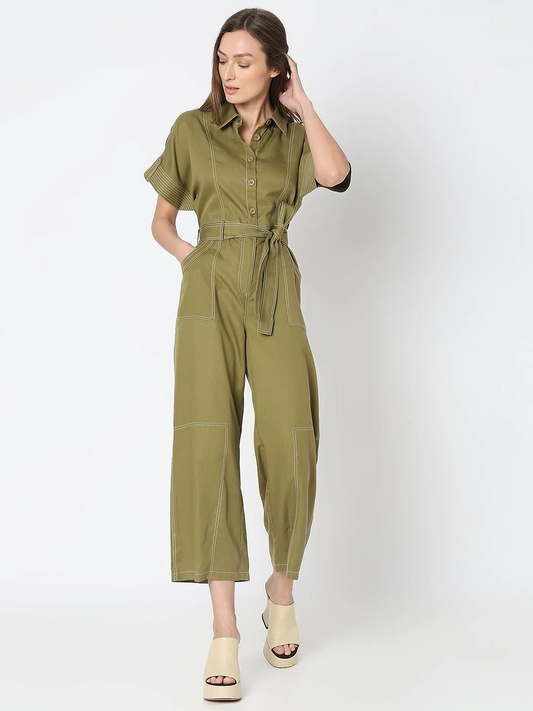 Green Contrast Stitch Jumpsuit - Image 2
