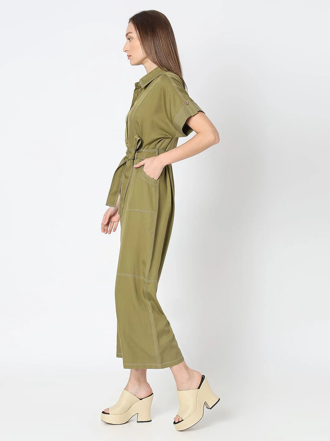 Green Contrast Stitch Jumpsuit - Image 3