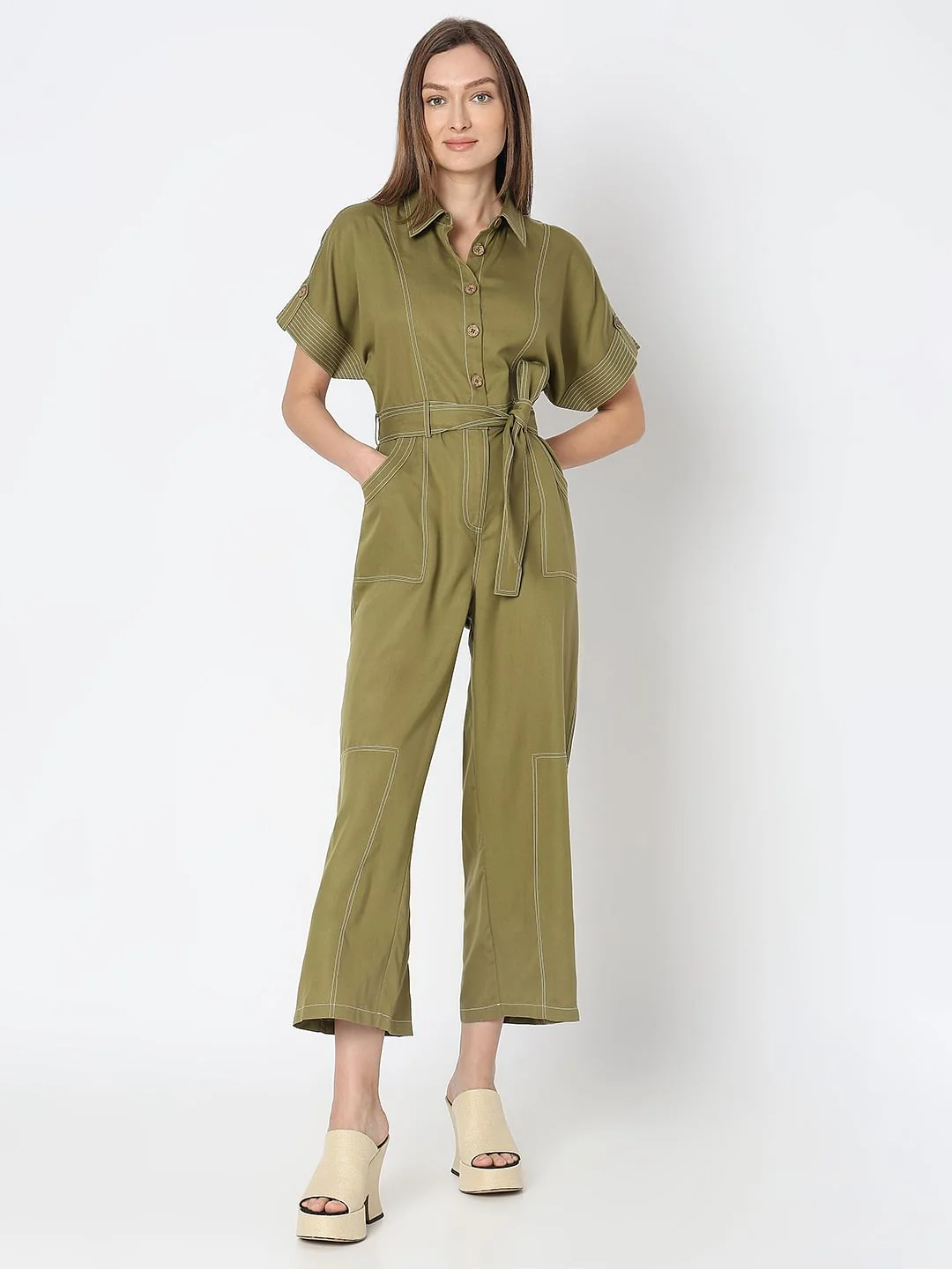 Green Contrast Stitch Jumpsuit - Image 5