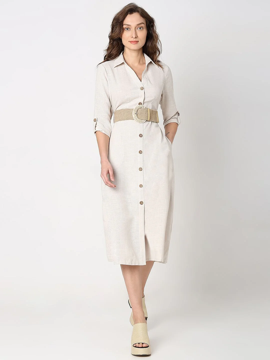 Light Beige Linen Shirt Dress - Image 2