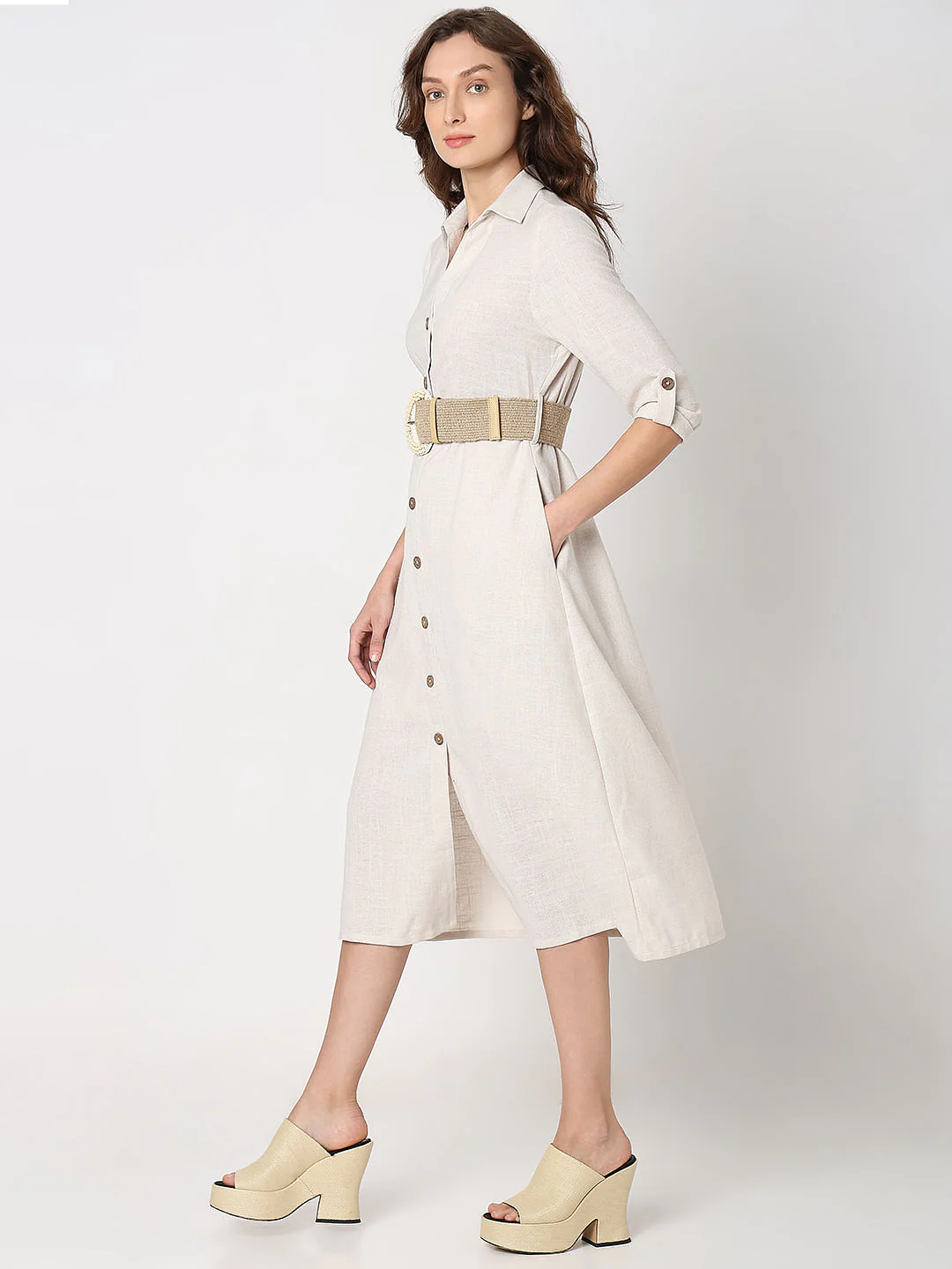 Light Beige Linen Shirt Dress - Image 3