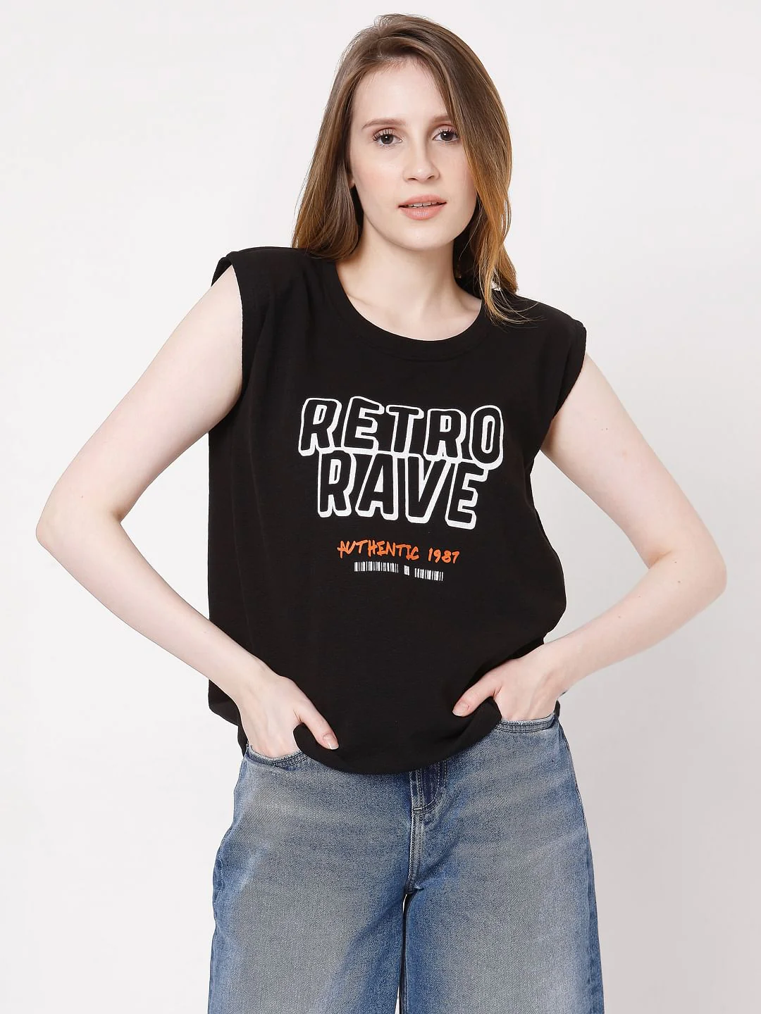 Black Sleeveless Text Print T-Shirt - Image 2