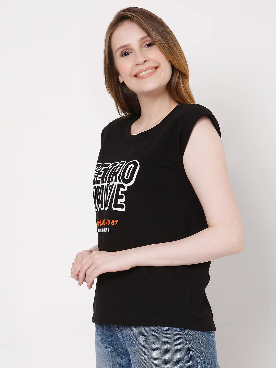 Black Sleeveless Text Print T-Shirt - Image 3