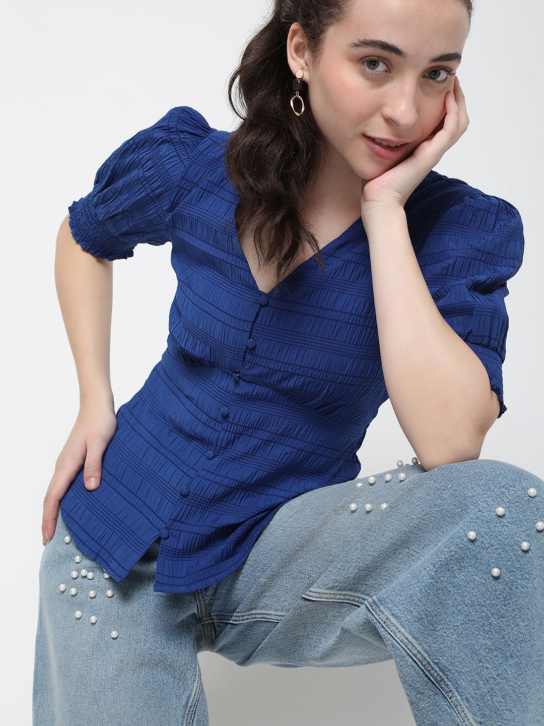Blue Textured V-Neck Top