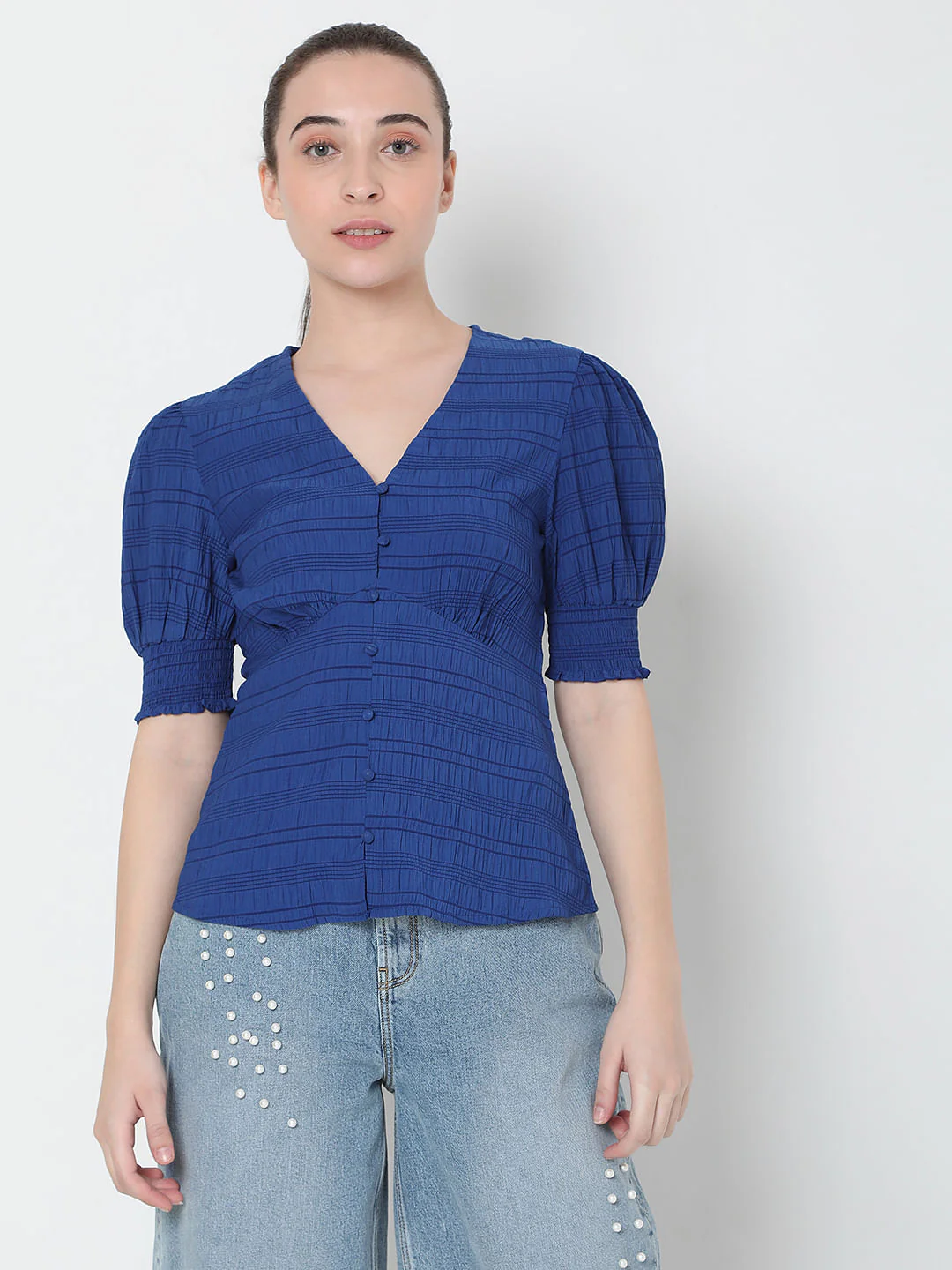 Blue Textured V-Neck Top - Image 2