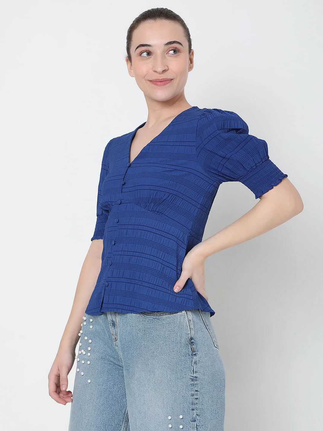 Blue Textured V-Neck Top - Image 3