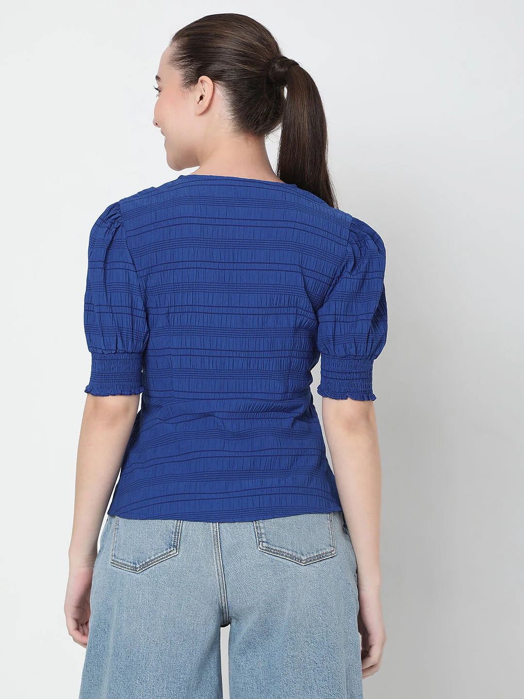 Blue Textured V-Neck Top - Image 4