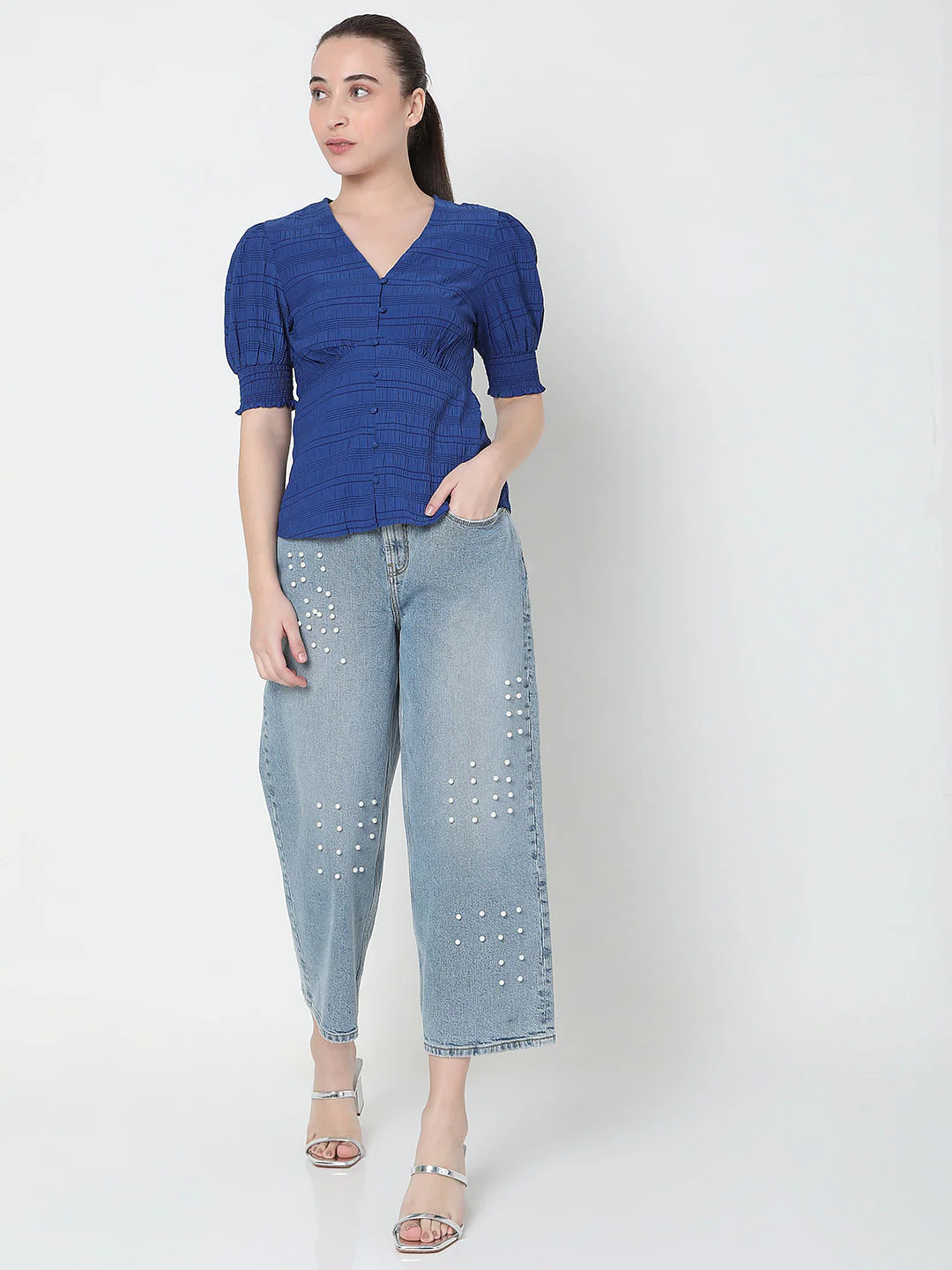 Blue Textured V-Neck Top - Image 5