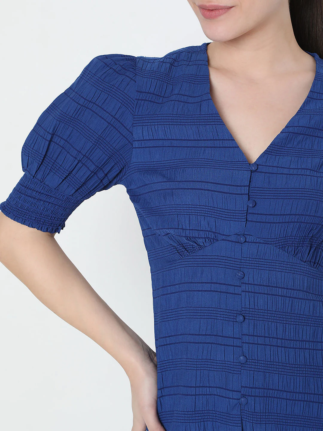 Blue Textured V-Neck Top - Image 6