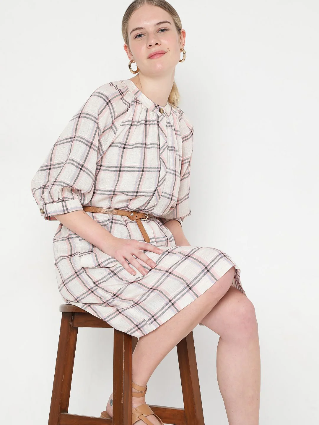 Light Pink Checks Shift Dress