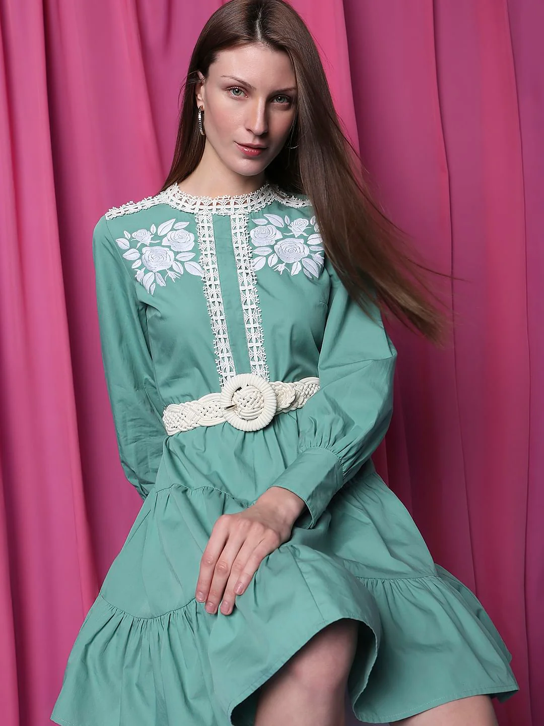 Green Embroidered Tiered Dress