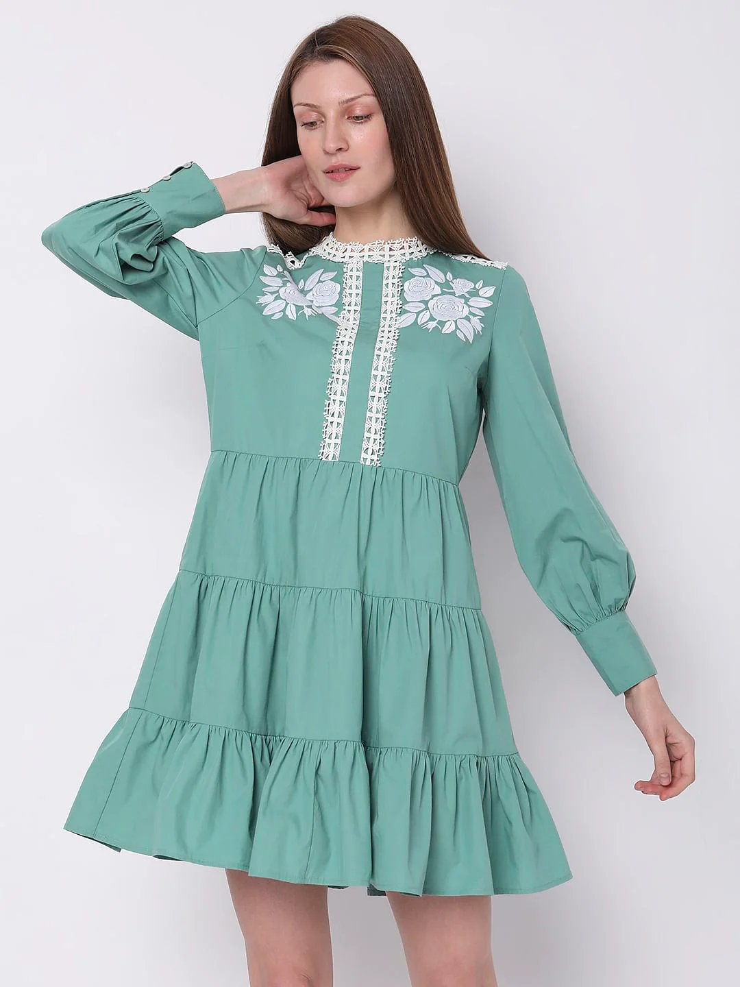 Green Embroidered Tiered Dress - Image 2