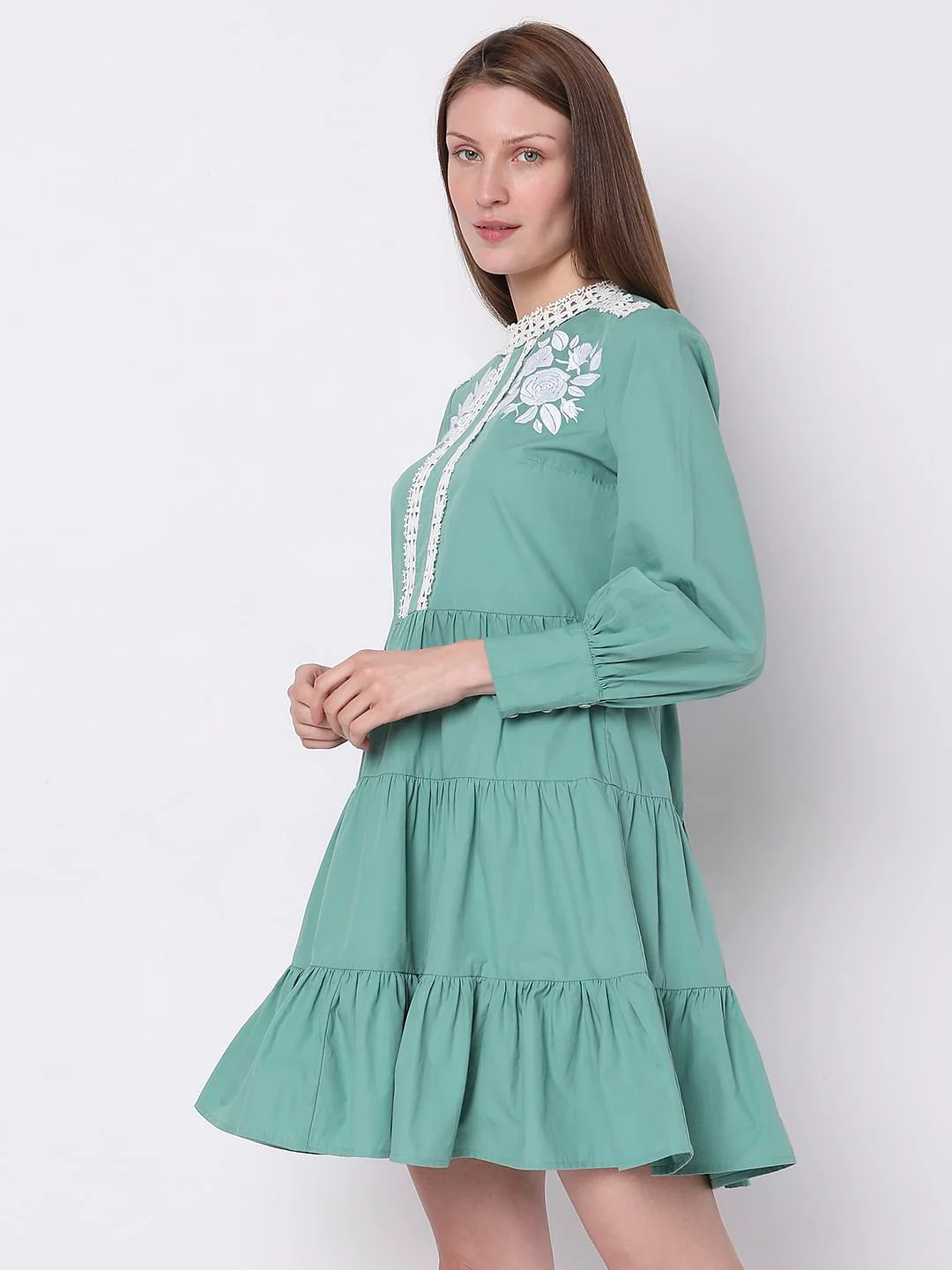 Green Embroidered Tiered Dress - Image 3