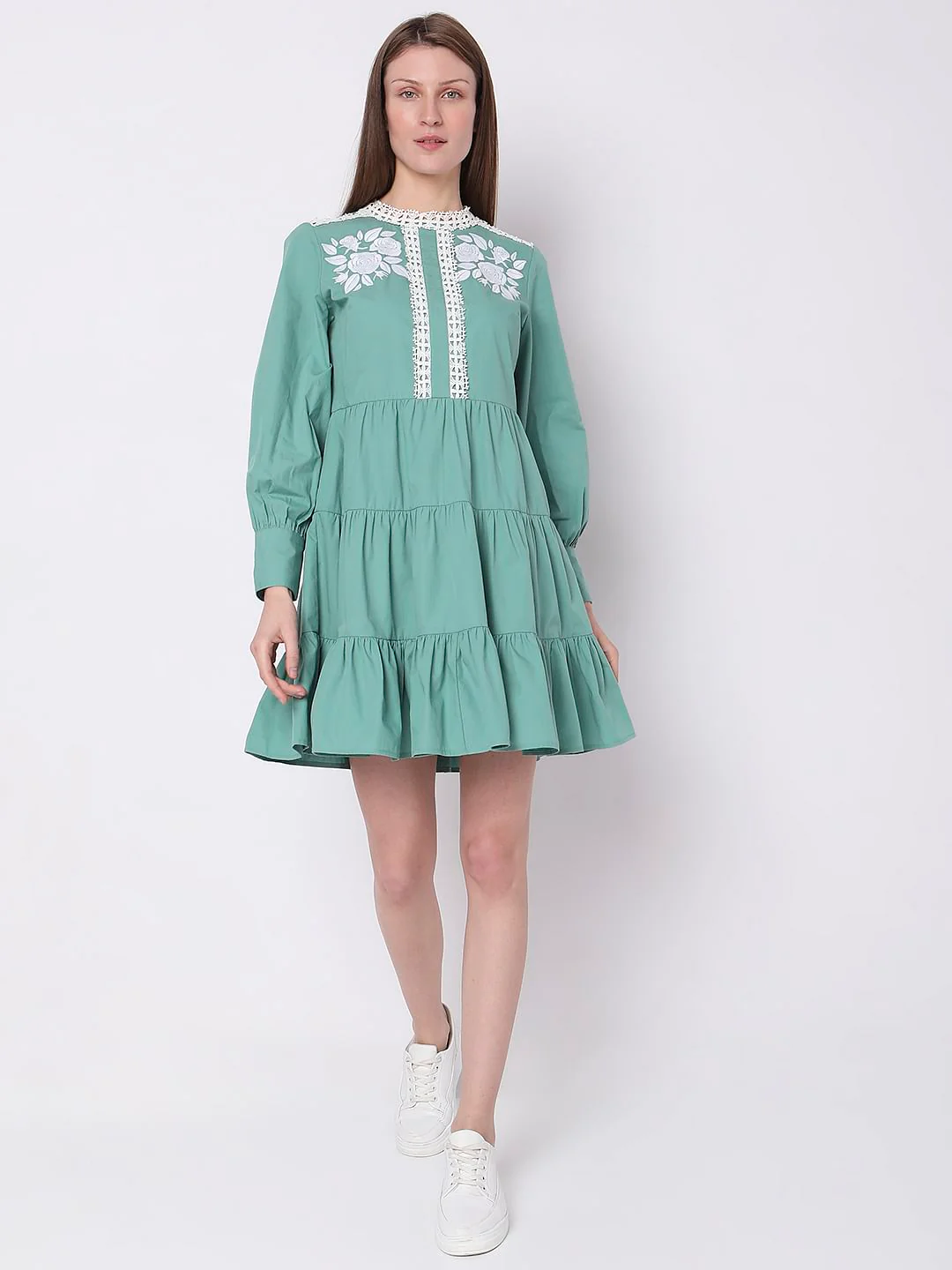 Green Embroidered Tiered Dress - Image 5