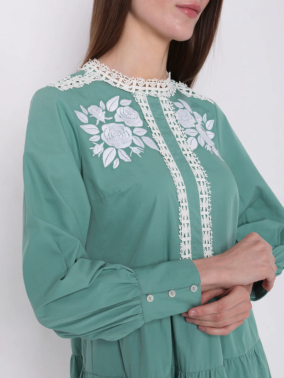 Green Embroidered Tiered Dress - Image 6