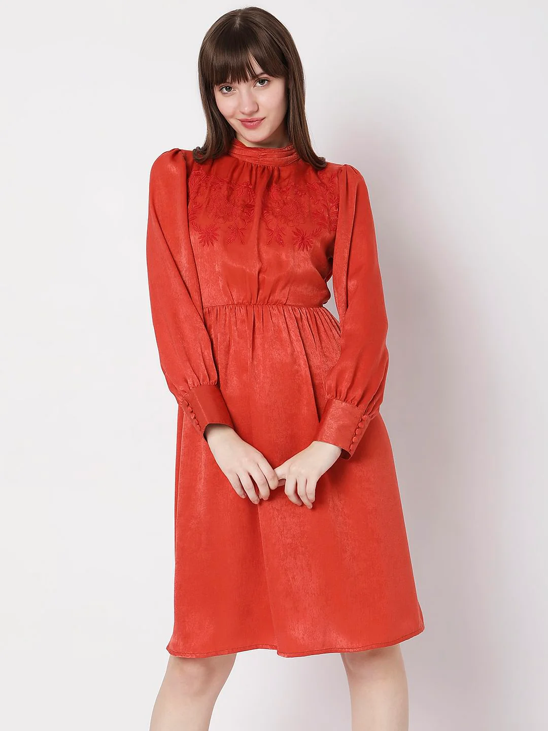 Rust Satin Fit & Flare Dress - Image 2