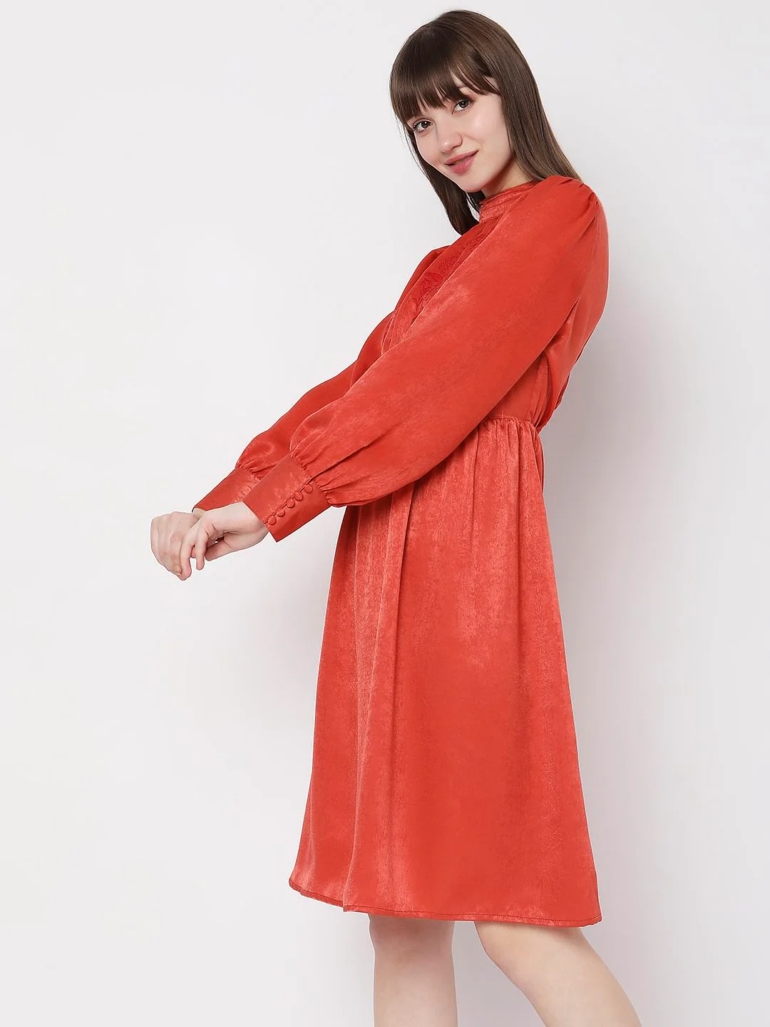 Rust Satin Fit & Flare Dress - Image 3