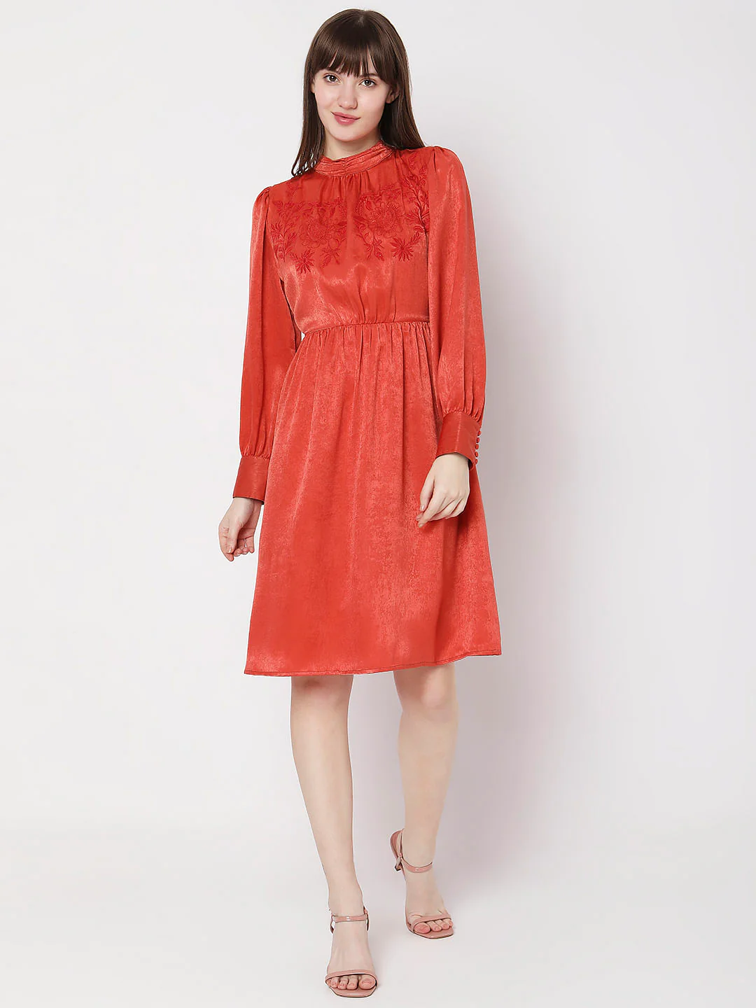Rust Satin Fit & Flare Dress - Image 5