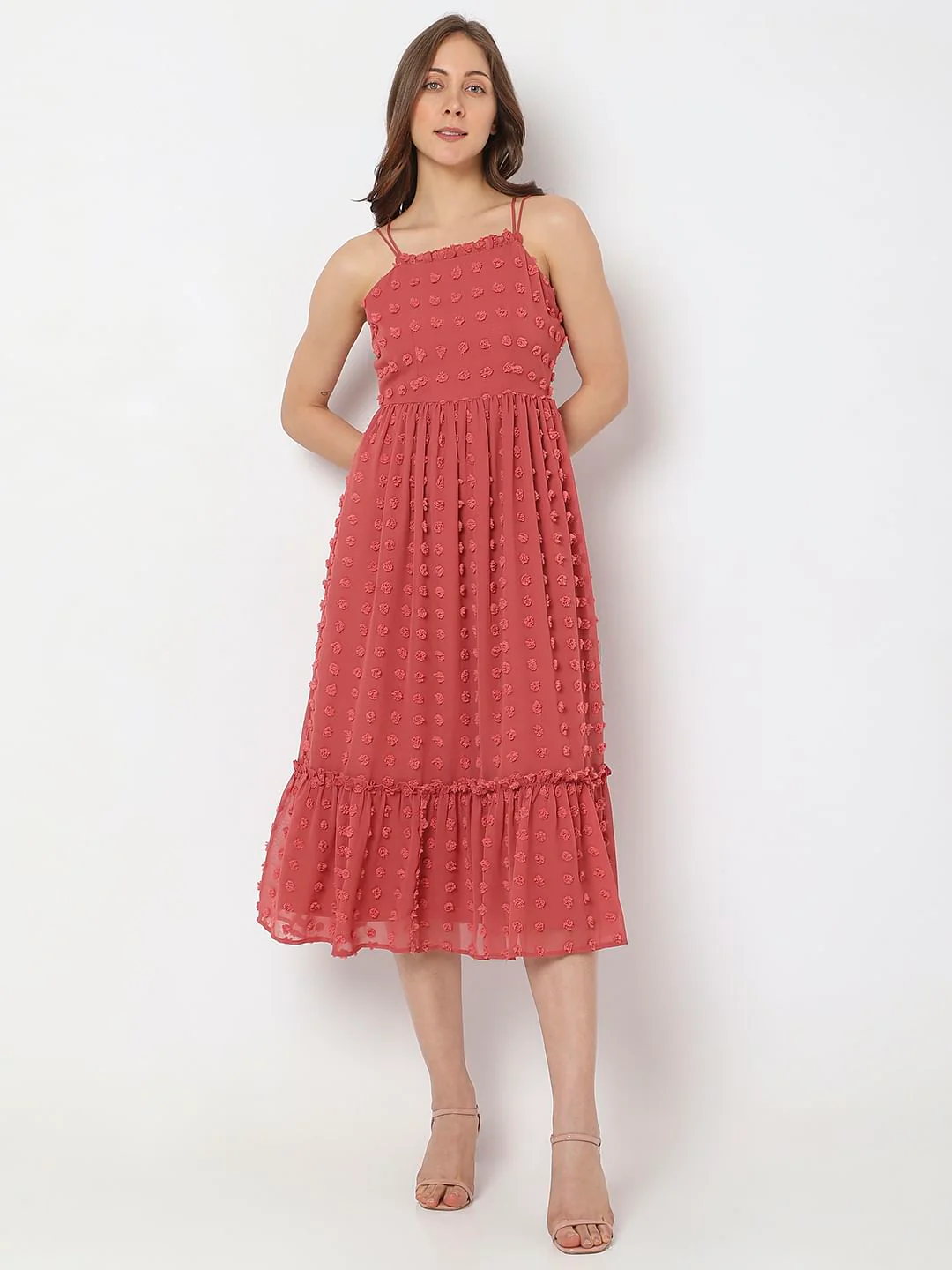 Red Self-Design Midi Dress - Image 2
