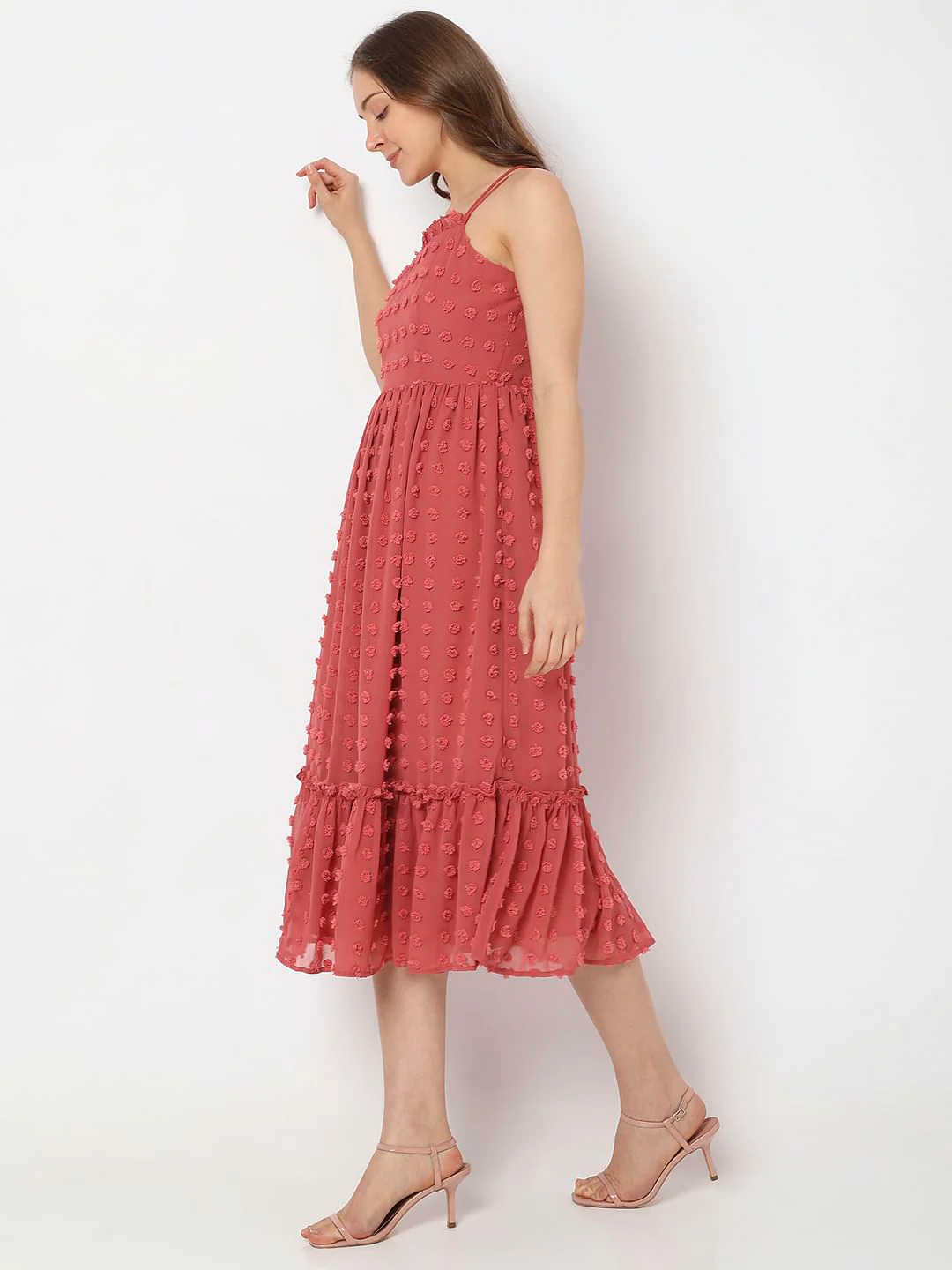 Red Self-Design Midi Dress - Image 3