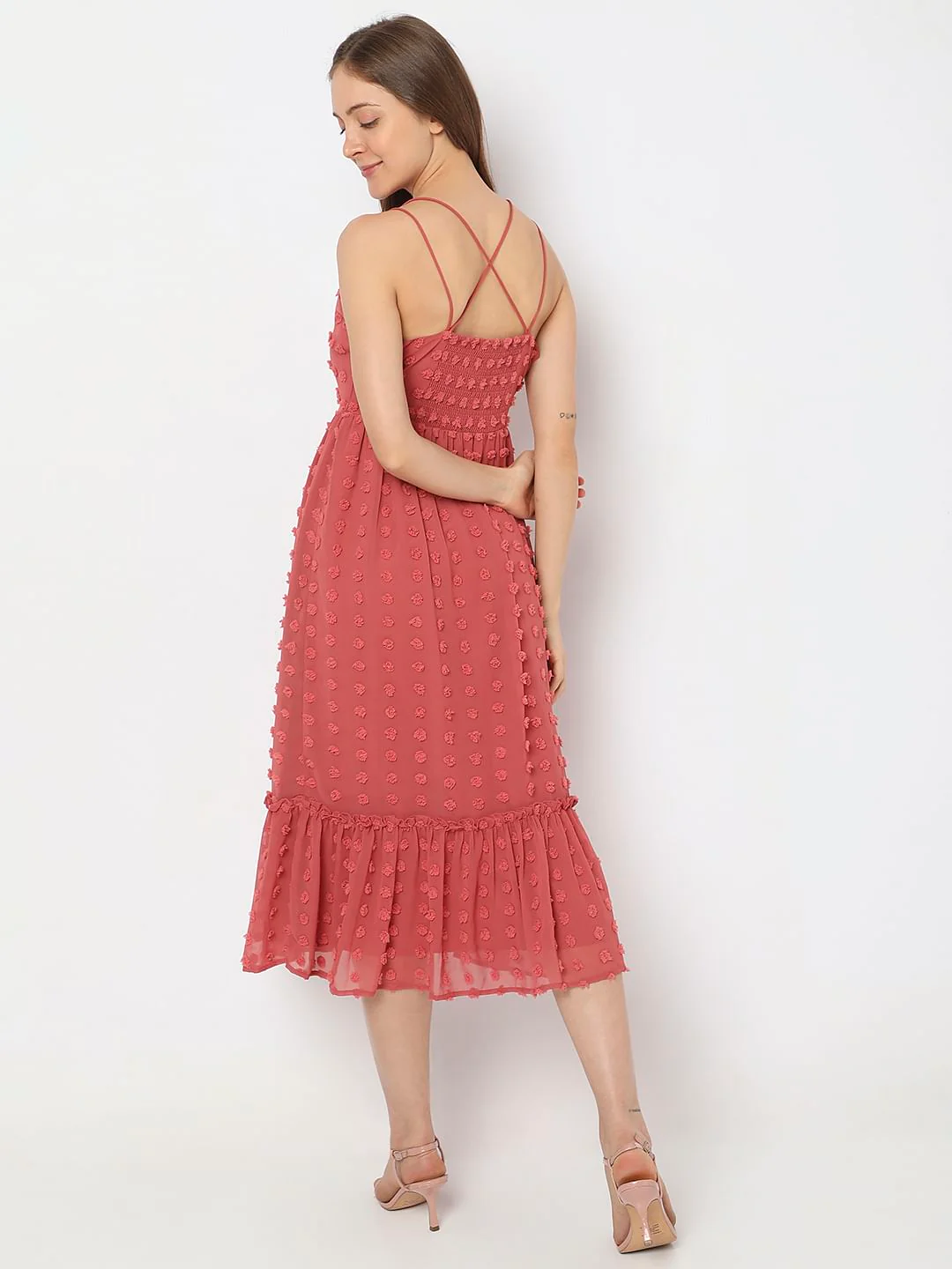 Red Self-Design Midi Dress - Image 4