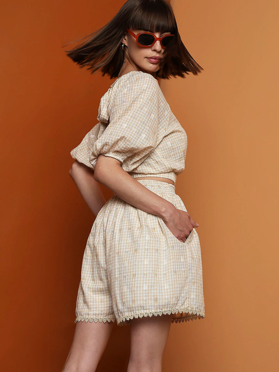 Beige High Rise Check Co-Ord Set Shorts