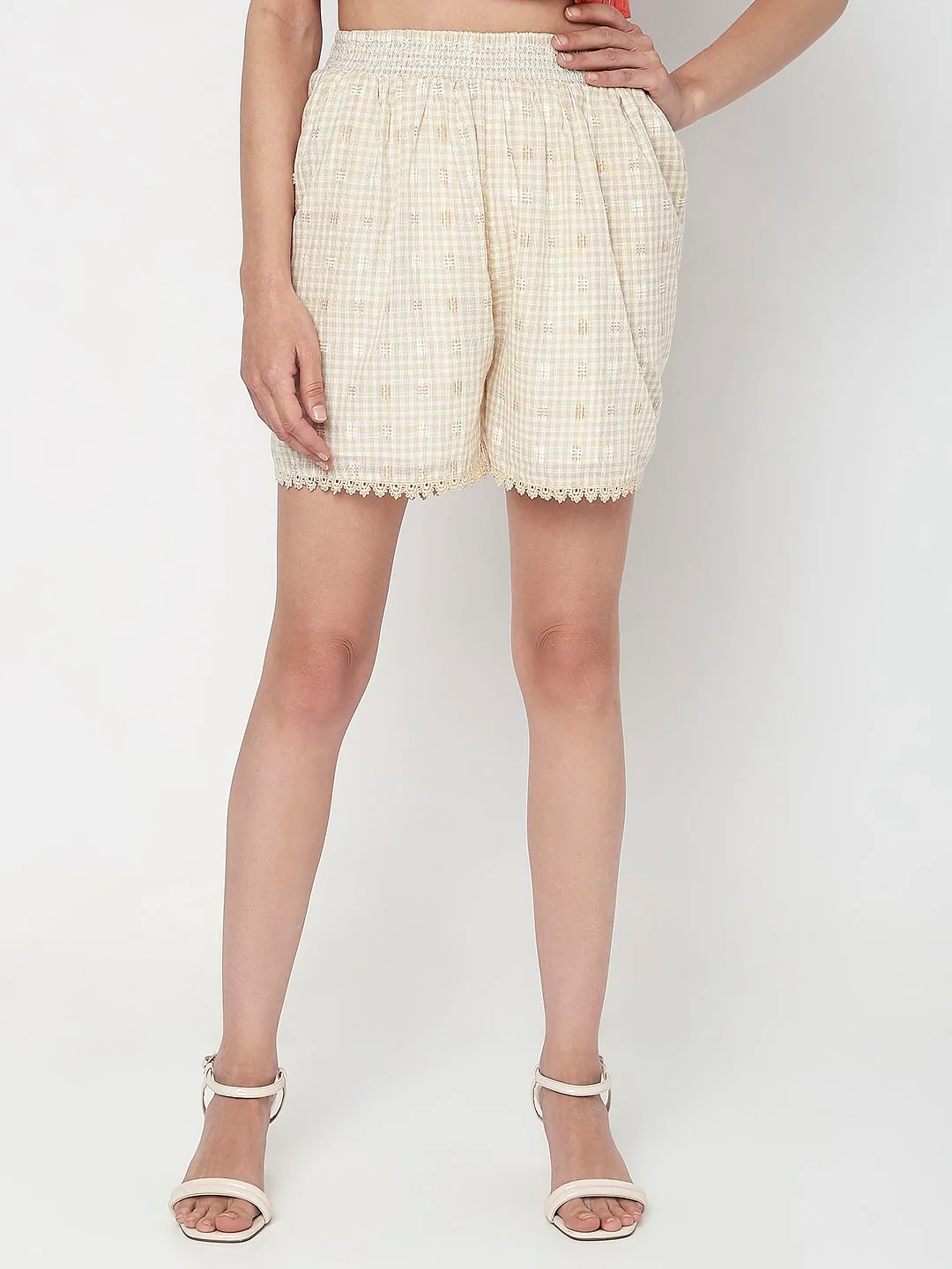 Beige High Rise Check Co-Ord Set Shorts - Image 2