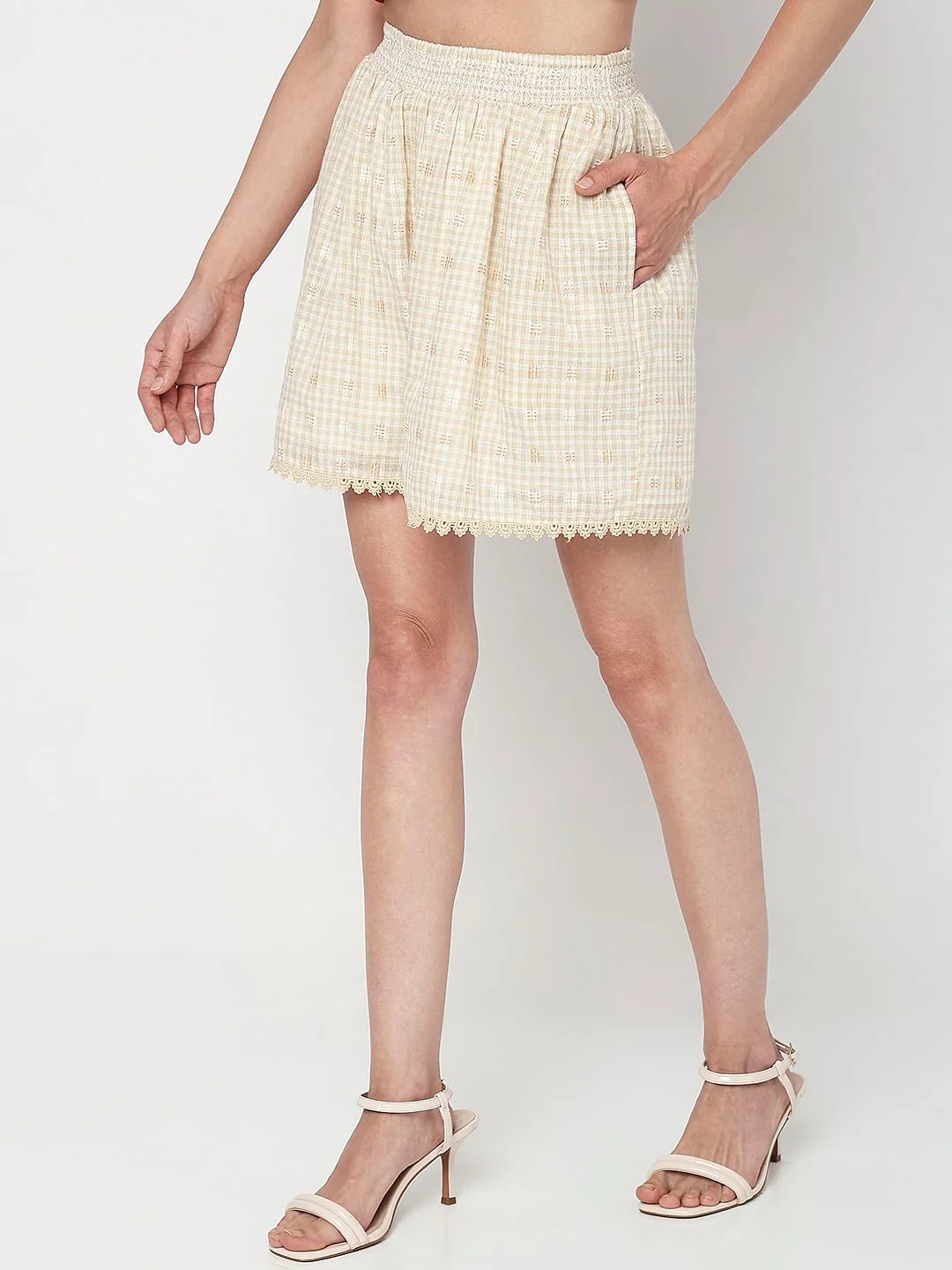 Beige High Rise Check Co-Ord Set Shorts - Image 3